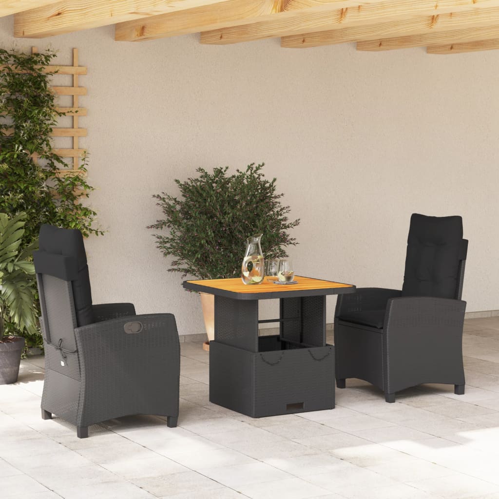 3-dijelni vrtni blagovaonski set s jastucima od poliratana crni Crna 80 cm table length