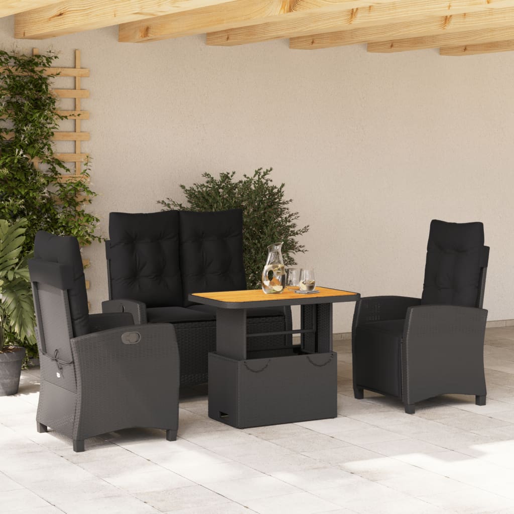 4-dijelni vrtni blagovaonski set od poliratana s jastucima crni Crna Dužina stola 90 cm