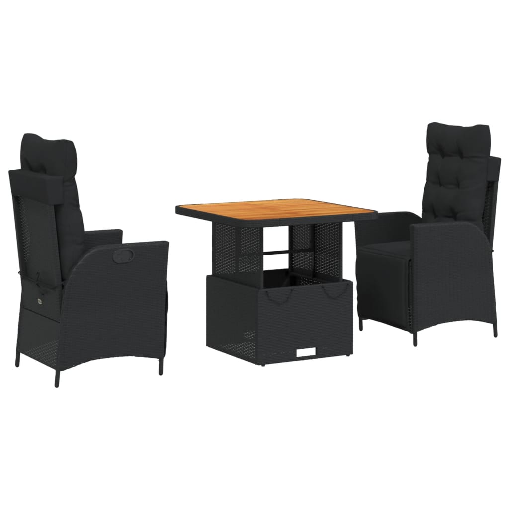 3-dijelni vrtni blagovaonski set s jastucima od poliratana crni Crna Dužina stola 80 cm