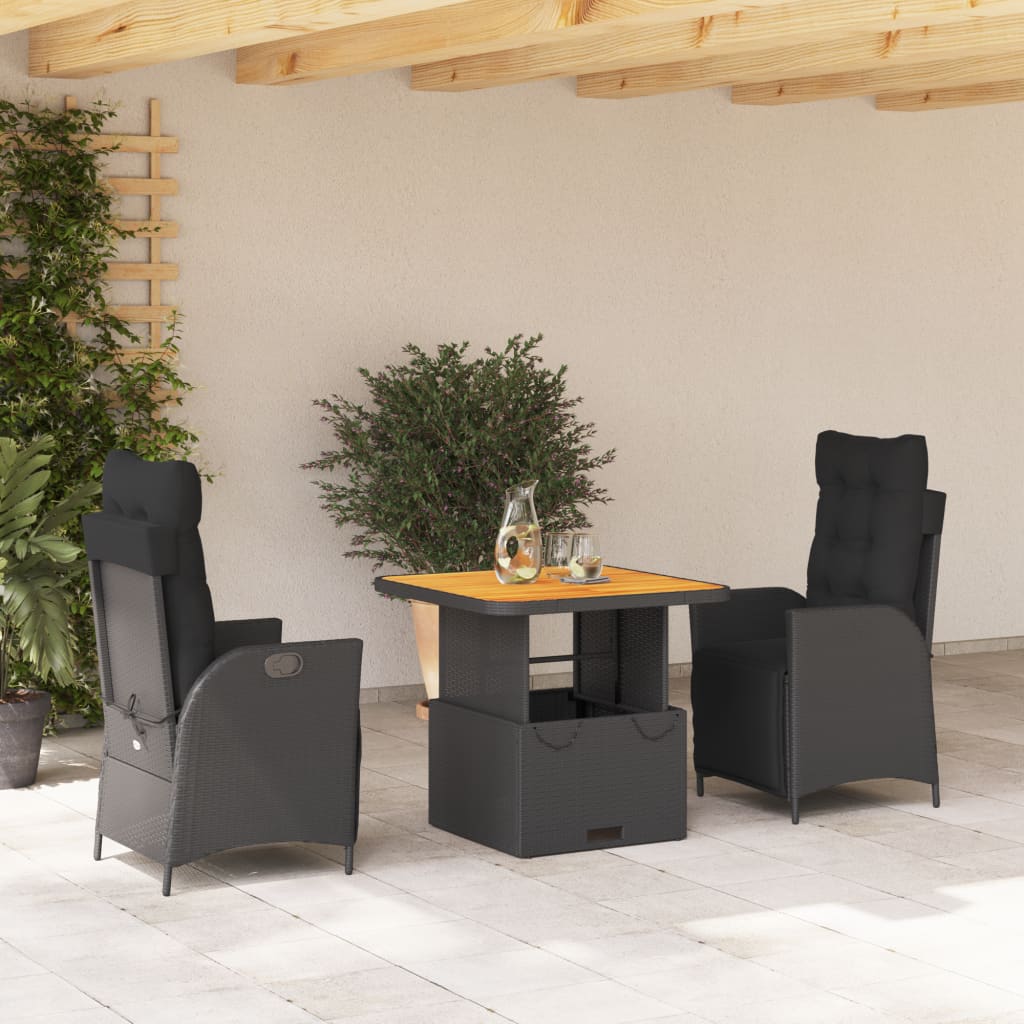 3-dijelni vrtni blagovaonski set s jastucima od poliratana crni Crna Dužina stola 80 cm