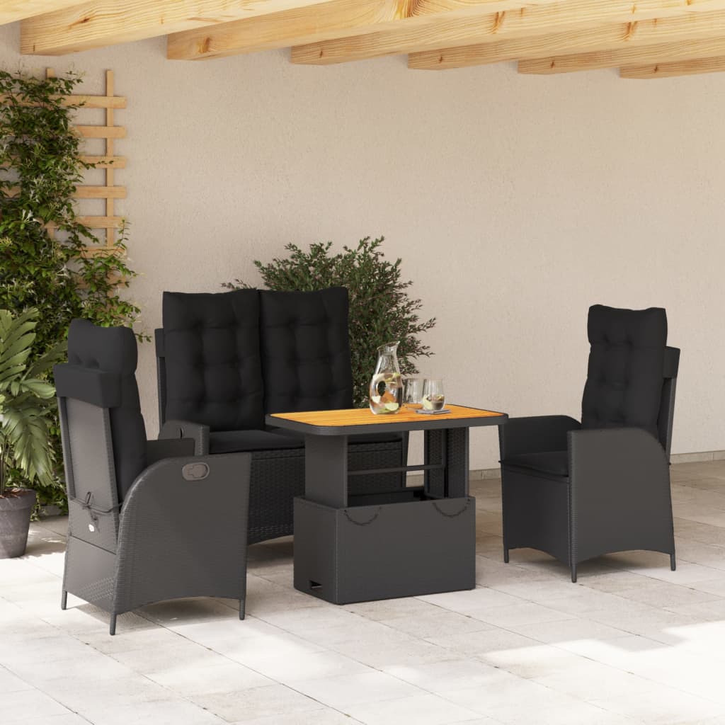 4-dijelni vrtni blagovaonski set od poliratana s jastucima crni Crna 90 cm table length