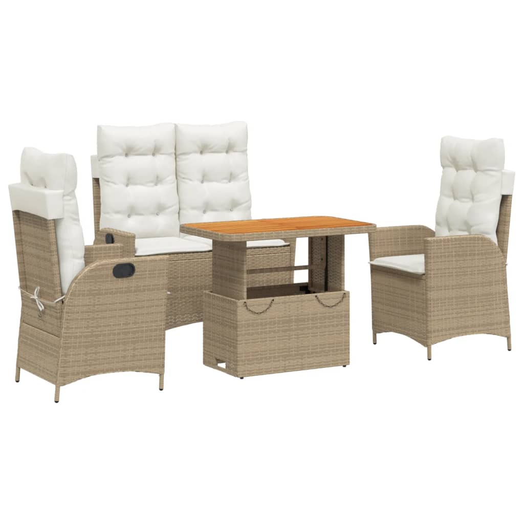 4-dijelni vrtni blagovaonski set od poliratana s jastucima bež 90 cm table length