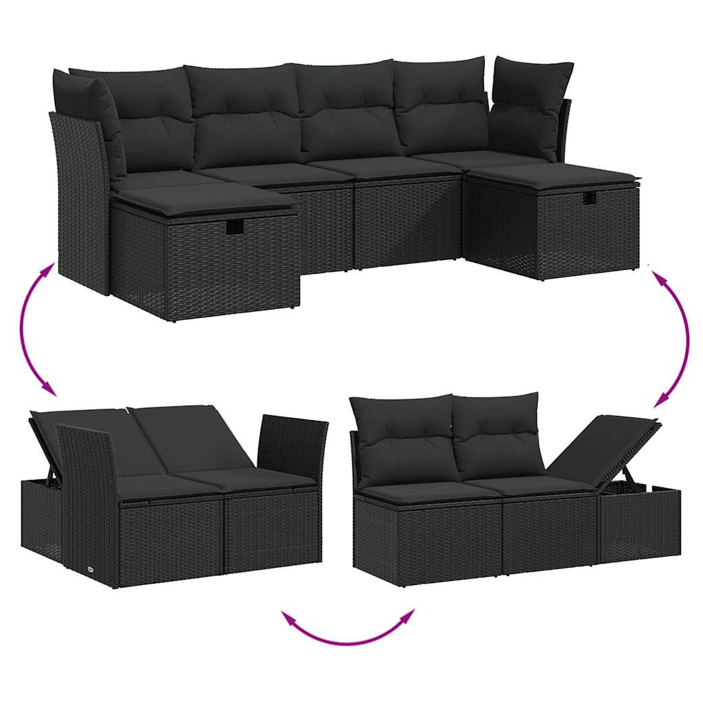 6-dijelni set vrtnih sofa s jastucima crni od poliratana Crna 61.5 x 62 x 69 cm
