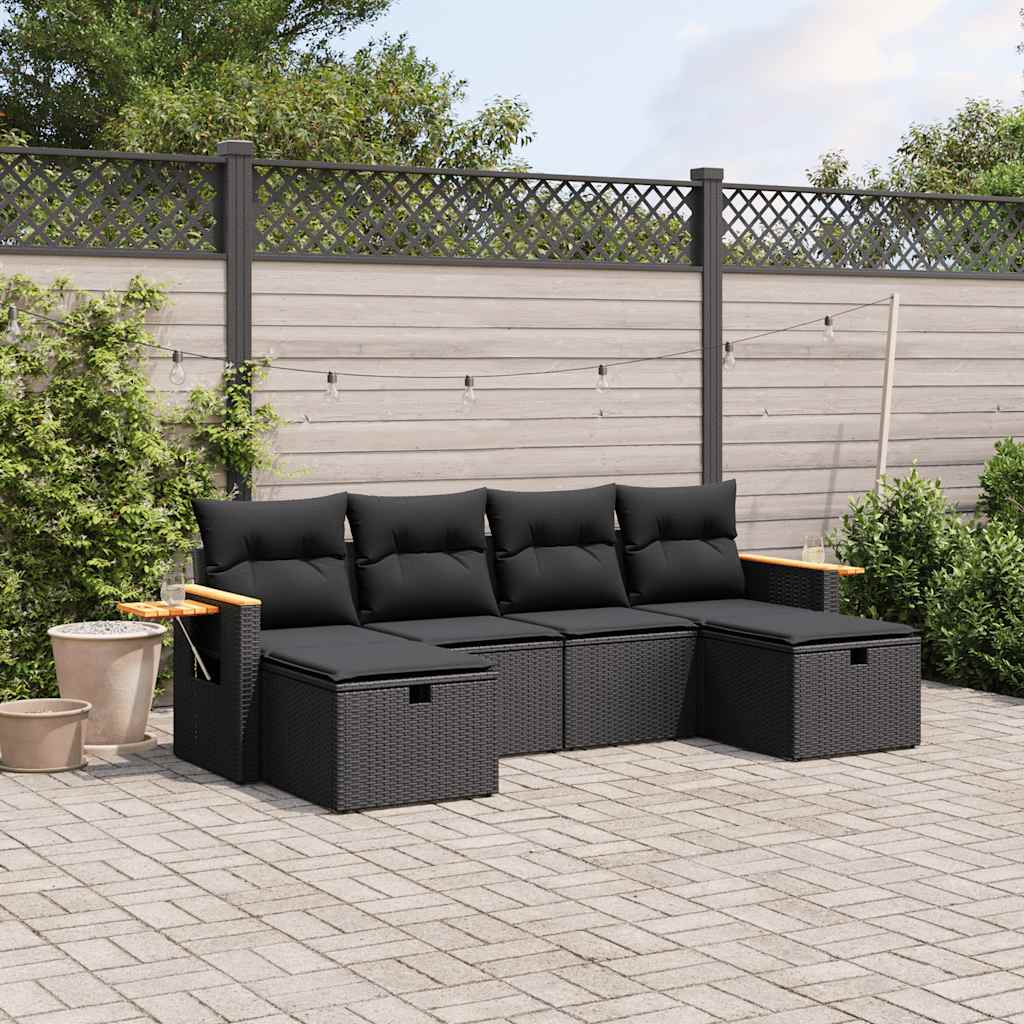 6-dijelni set vrtnih sofa s jastucima crni od poliratana Crna 61.5 x 62 x 69 cm