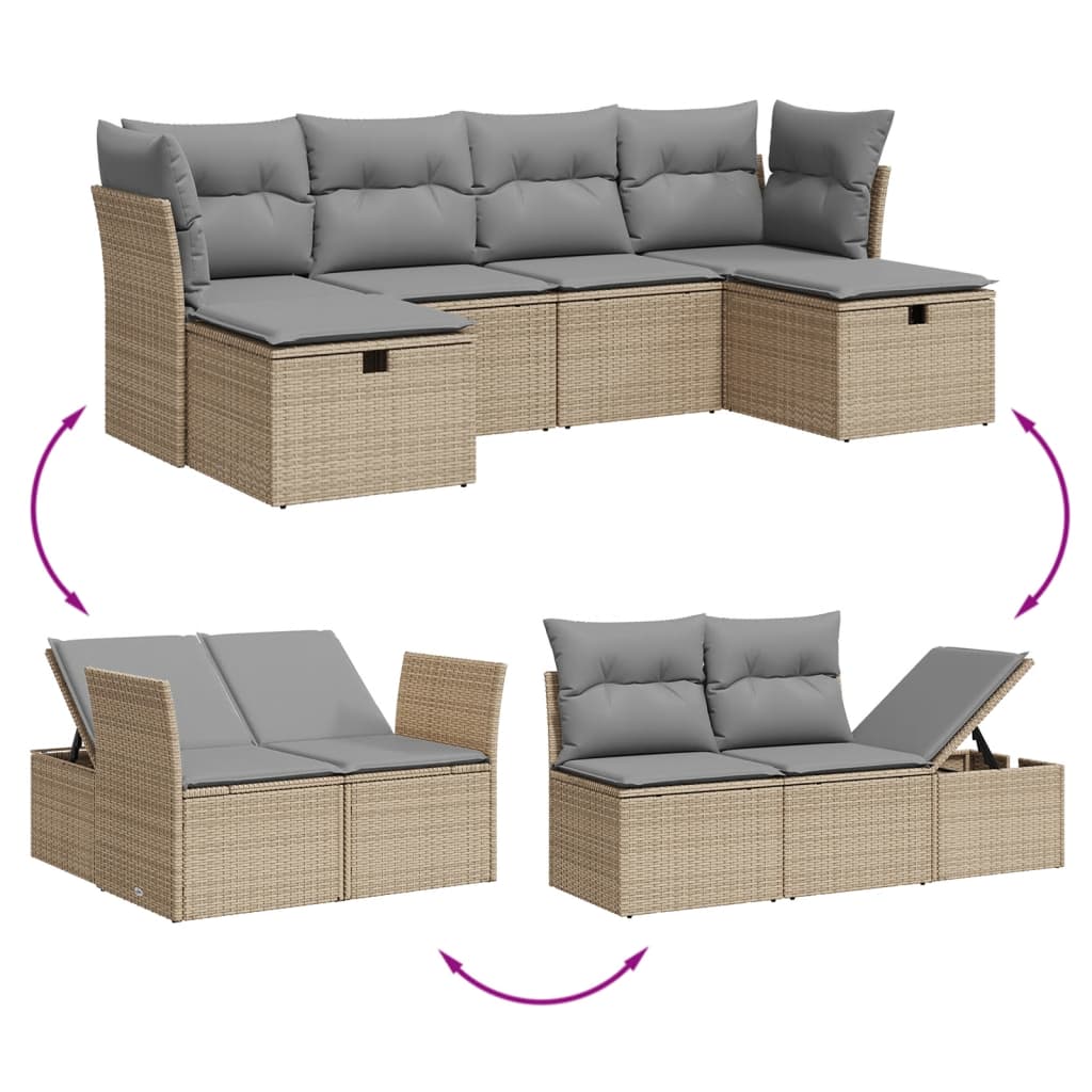 6-dijelni set vrtnih sofa s jastucima bež od poliratana 61.5 x 62 x 69 cm