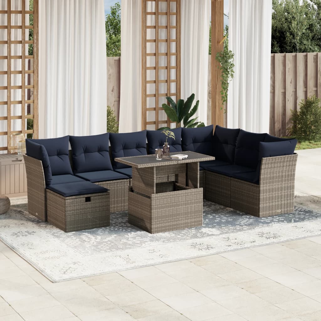 Vrtni set od 9 dijelova s jastucima, sivi poliratan