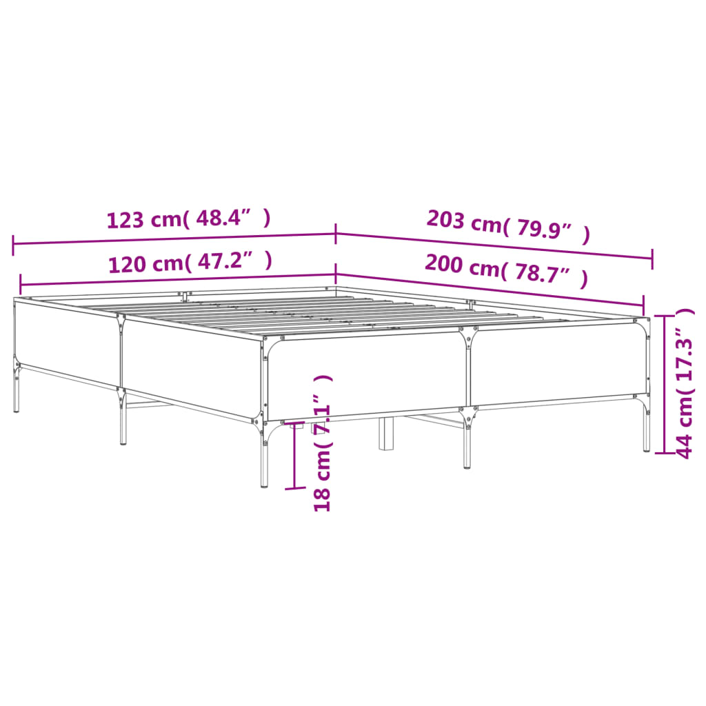 Okvir kreveta boja hrasta 120x200 cm konstruirano drvo i metal Siva 120 x 200 cm