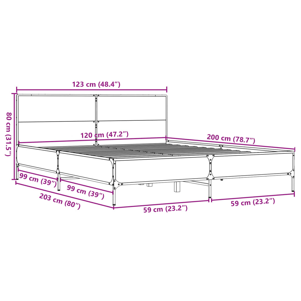Okvir kreveta boja hrasta 120x200 cm konstruirano drvo i metal Siva 120 x 200 cm
