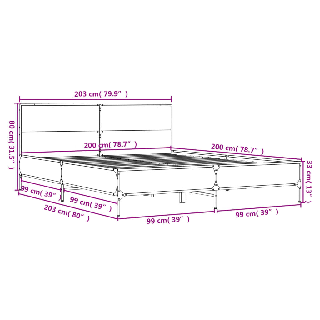 Okvir za krevet boja hrasta 200x200cm konstruirano drvo i metal Siva 200 x 200 cm