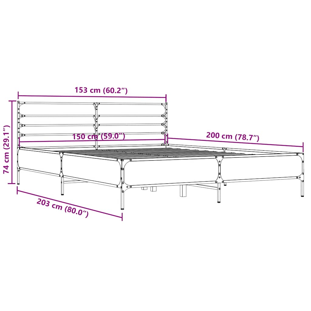 Okvir za krevet boja hrasta 150x200cm konstruirano drvo i metal Siva 150 x 200 cm