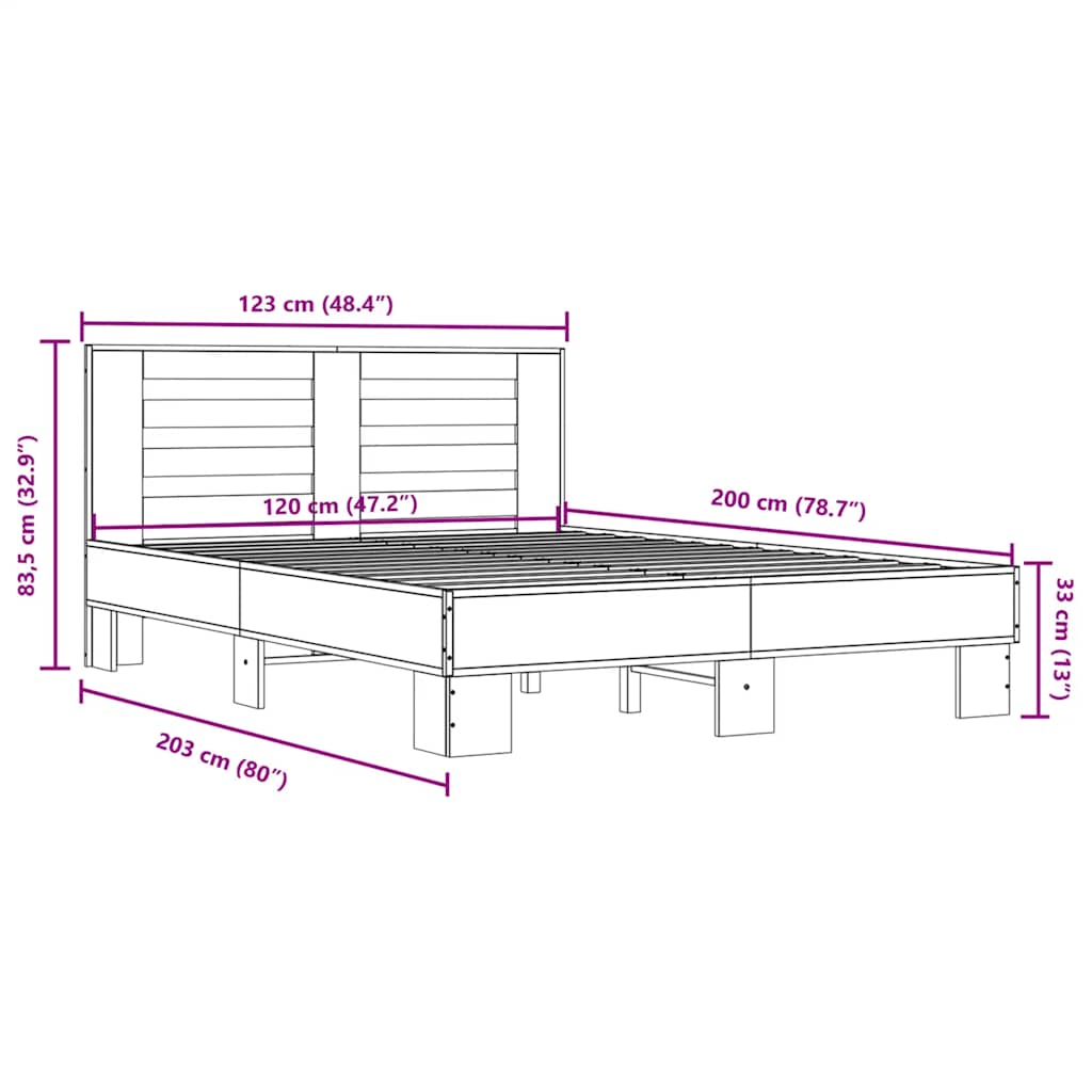 Okvir kreveta boja hrasta 120x200 cm konstruirano drvo i metal Siva 120 x 200 cm