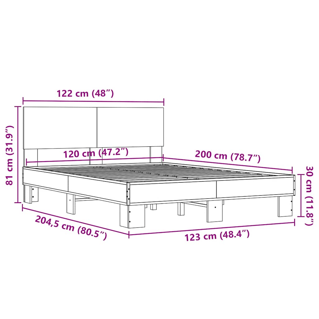 Okvir kreveta boja hrasta 120x200 cm konstruirano drvo i metal Siva 120 x 200 cm