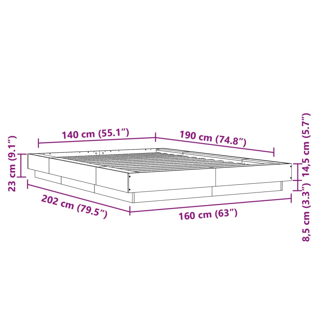 Okvir kreveta s LED svjetlima bijeli 140 x 190 cm drveni
