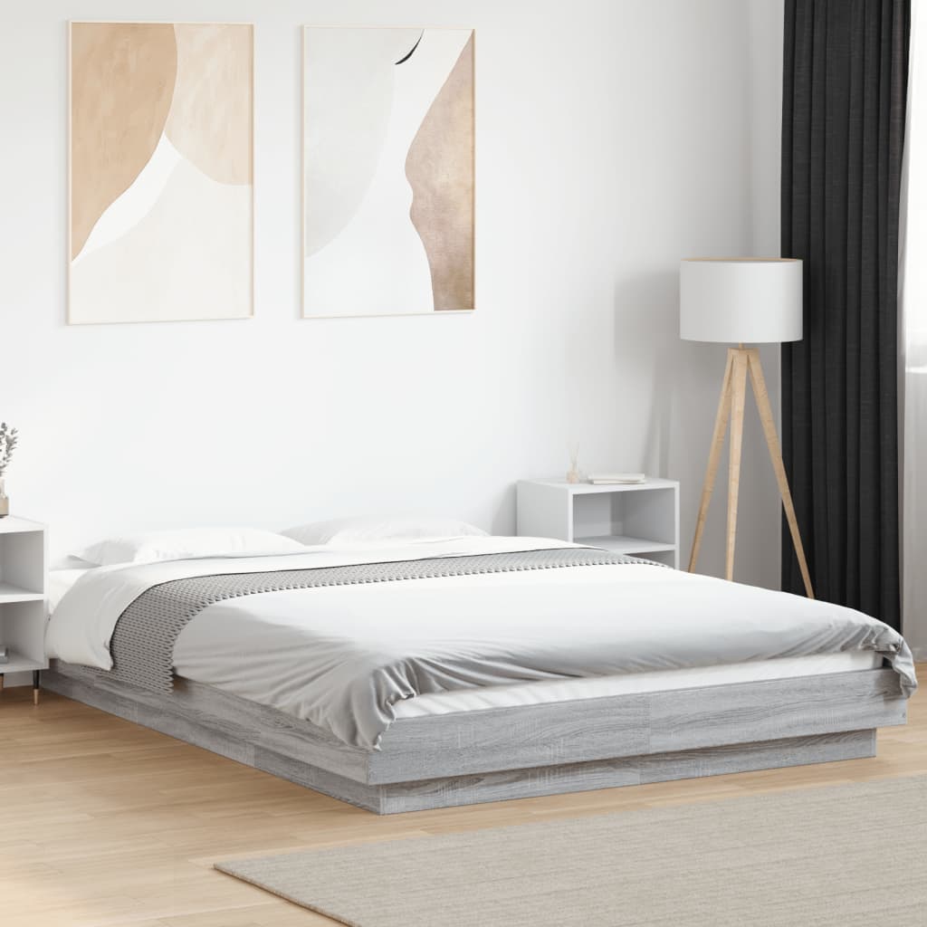 Okvir za krevet s LED svjetlima boja hrasta 140 x 190 cm drveni Siva