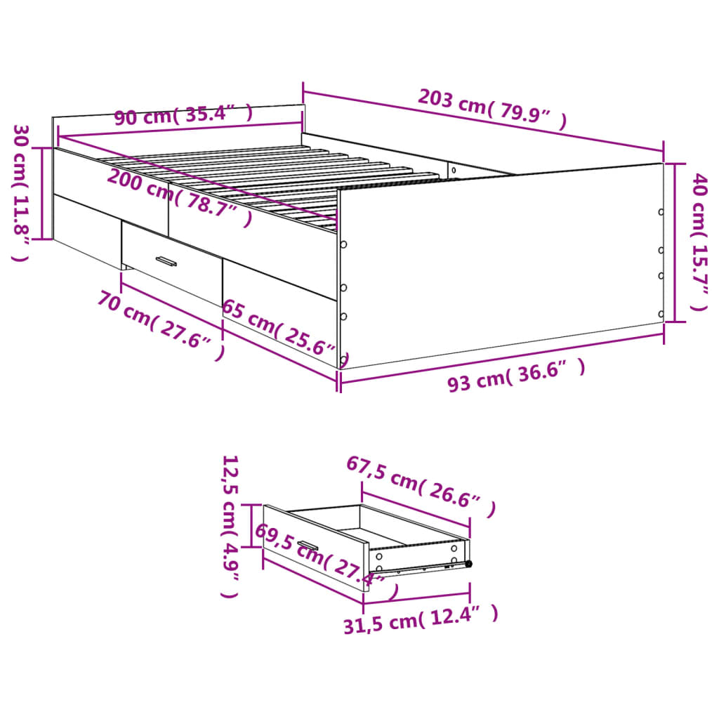 Okvir za krevet s ladicama boja hrasta 90x200 cm Smeđa 90 x 200 cm