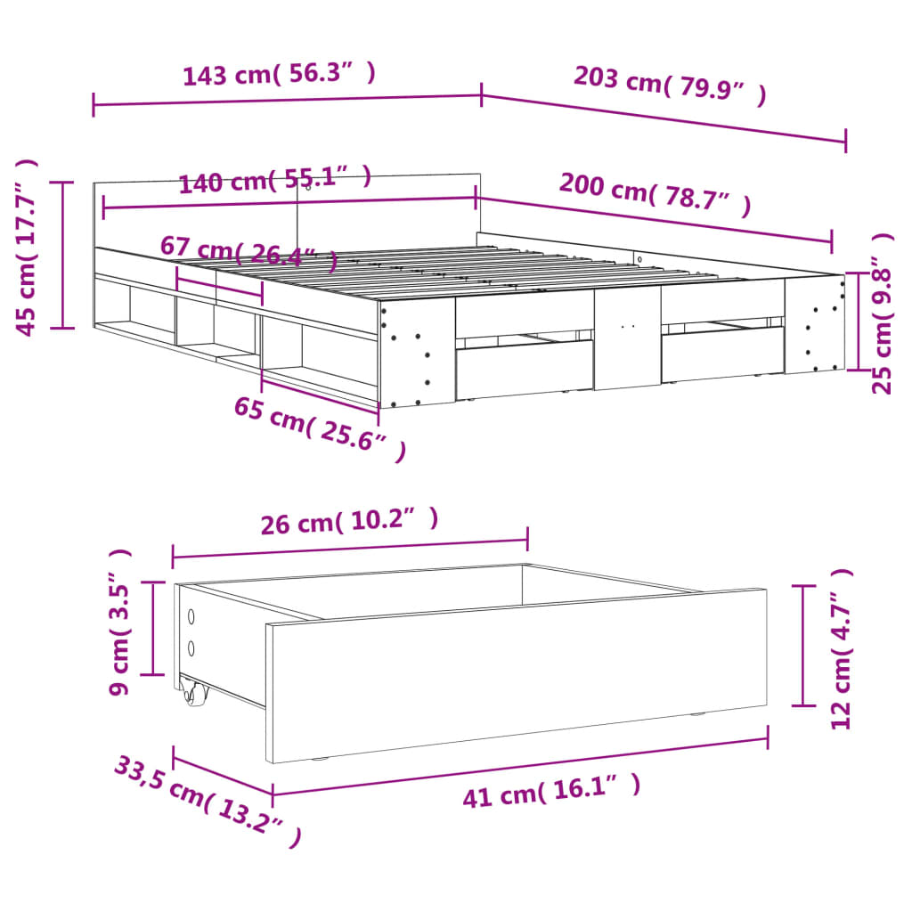 Okvir za krevet s ladicama boja hrasta 140x200 cm drveni Siva 140 x 200 cm