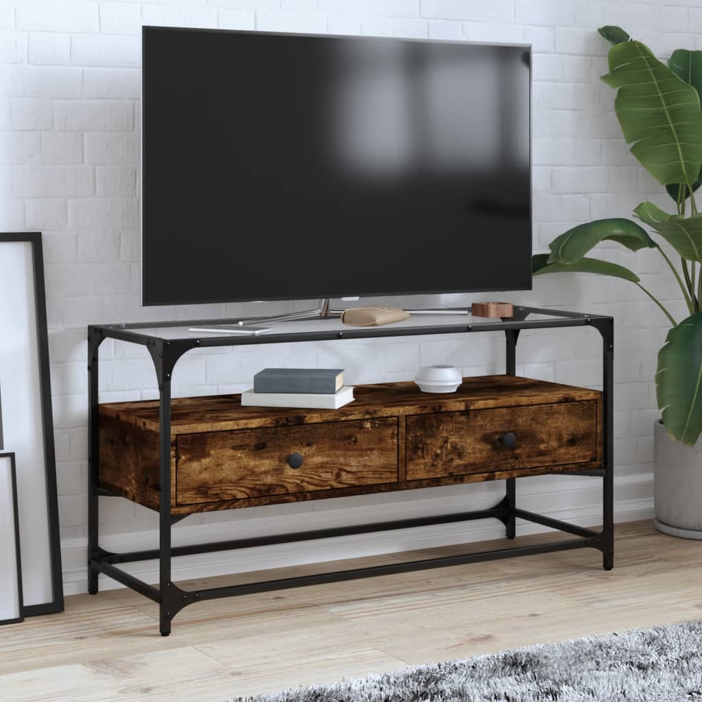 TV ormarić sa staklenom površinom boja hrasta 98x35x51 cm drvo Smeđa