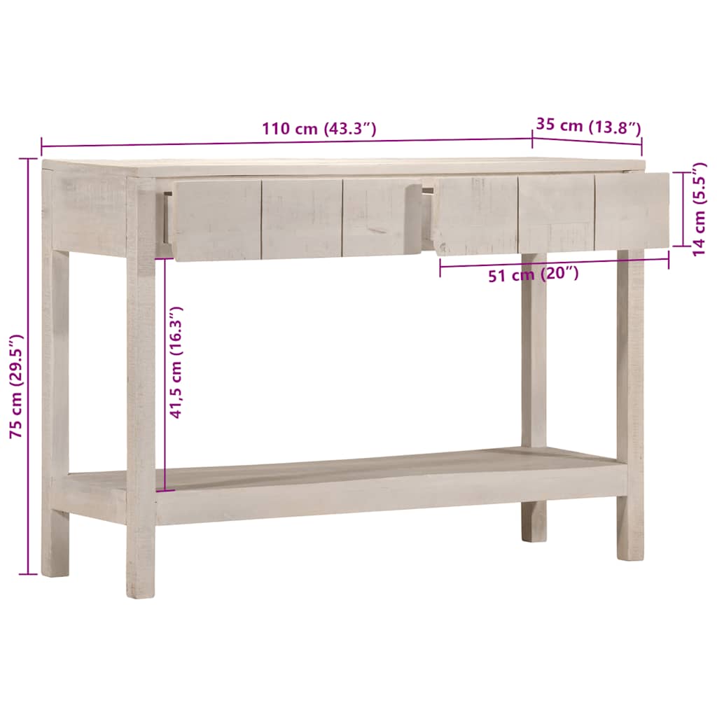 Konzolni stol bijeli 110 x 35 x 75 cm od masivnog drva manga