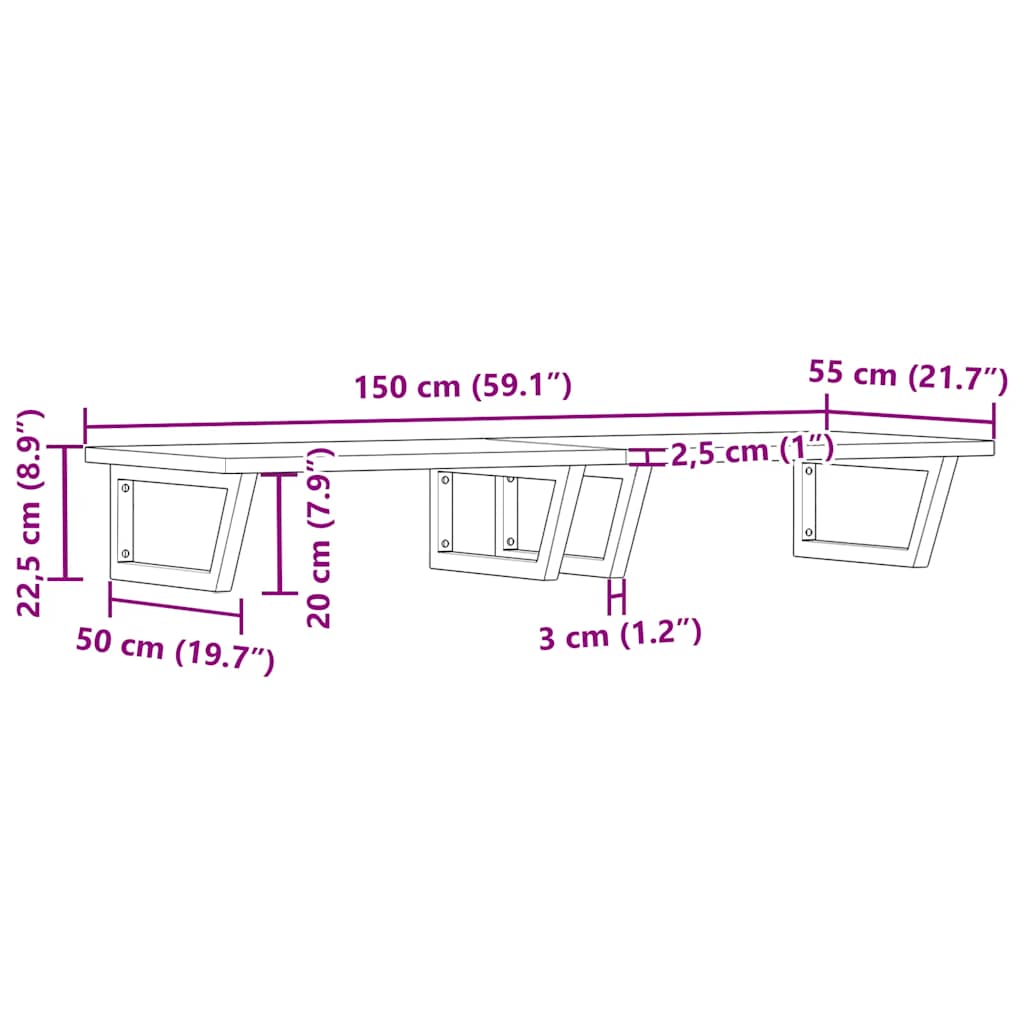 Zidna polica za umivaonik od čelika i masivne bukovine Smeđa 150 x 55 x 2.5 cm