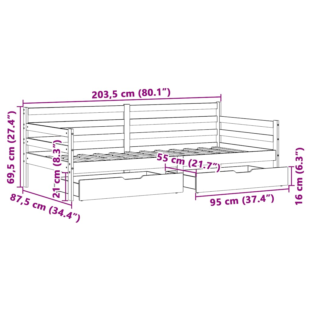 Dnevni krevet s ladicama bez madraca bijeli 80x200 cm masivno drvo