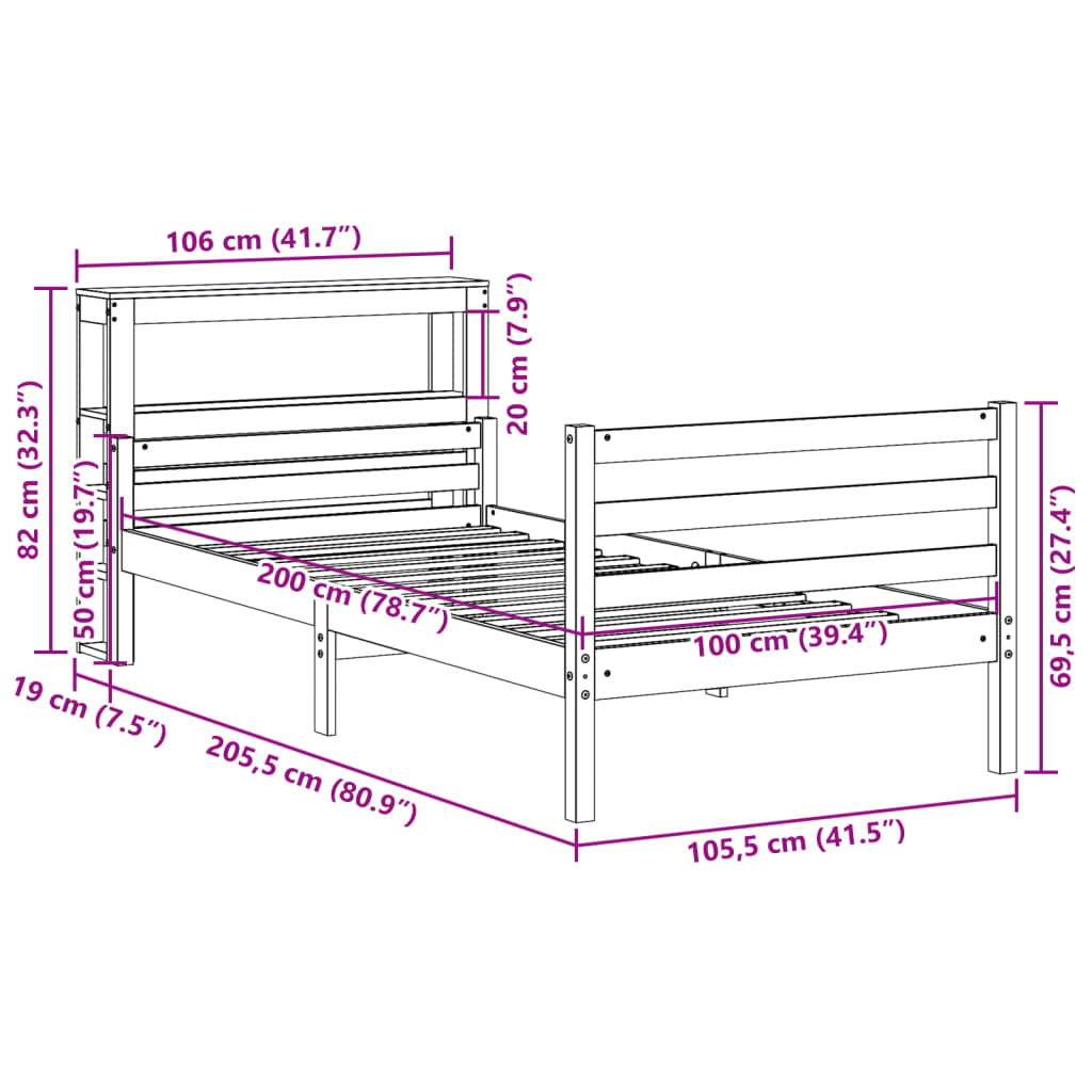 Okvir kreveta s uzglavljem 100 x 200 cm od masivne borovine