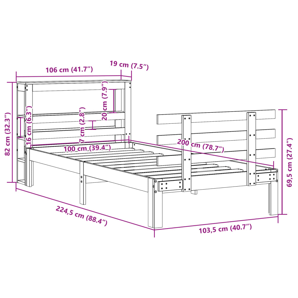 Okvir kreveta s uzglavljem 100 x 200 cm od masivne borovine