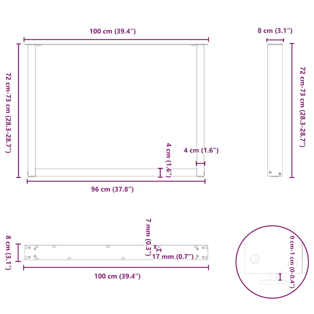 Noge za blagovaonski stol U-oblik 3 kom Crne 100 x (72-73) cm Čelik