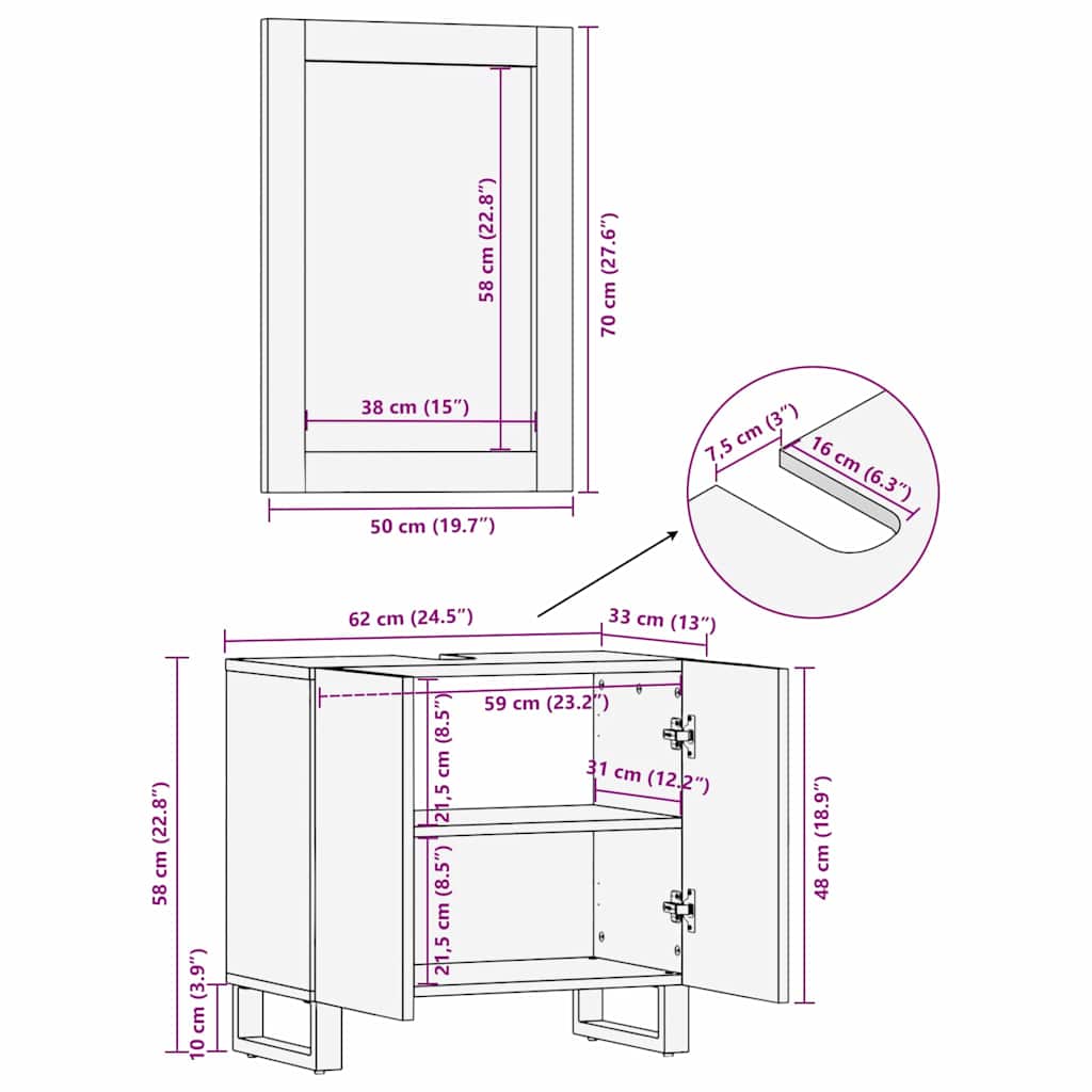 Set ormarića za kupaonicu 2 pcs Bijela Čvrsto drvo manga