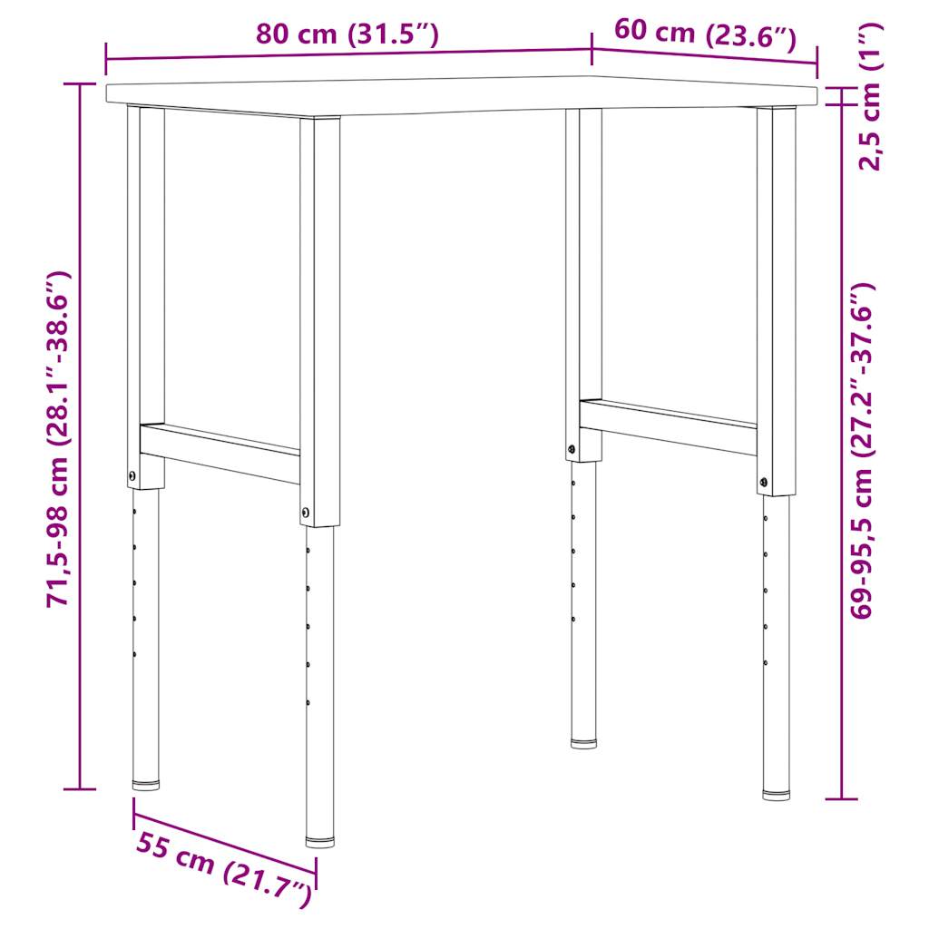 Radni stol tamnosmeđi 80x60x(71,5-98) cm masivno drvo hrast