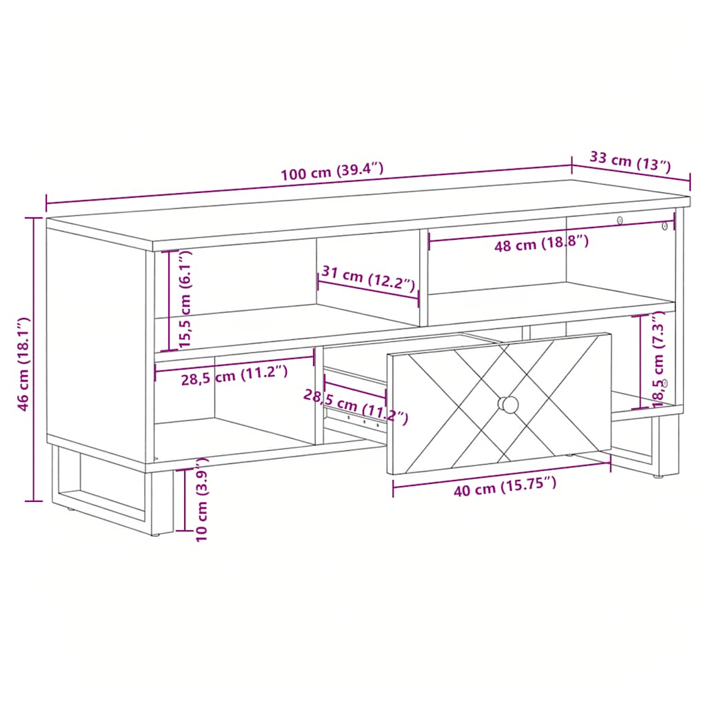 TV ormarić crni 100 x 33 x 46 cm od masivnog drva manga Crna