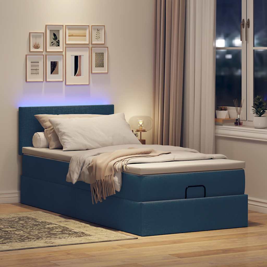 Ottoman krevet s madracem i LED diodama plavi 80x200 cm tkanina