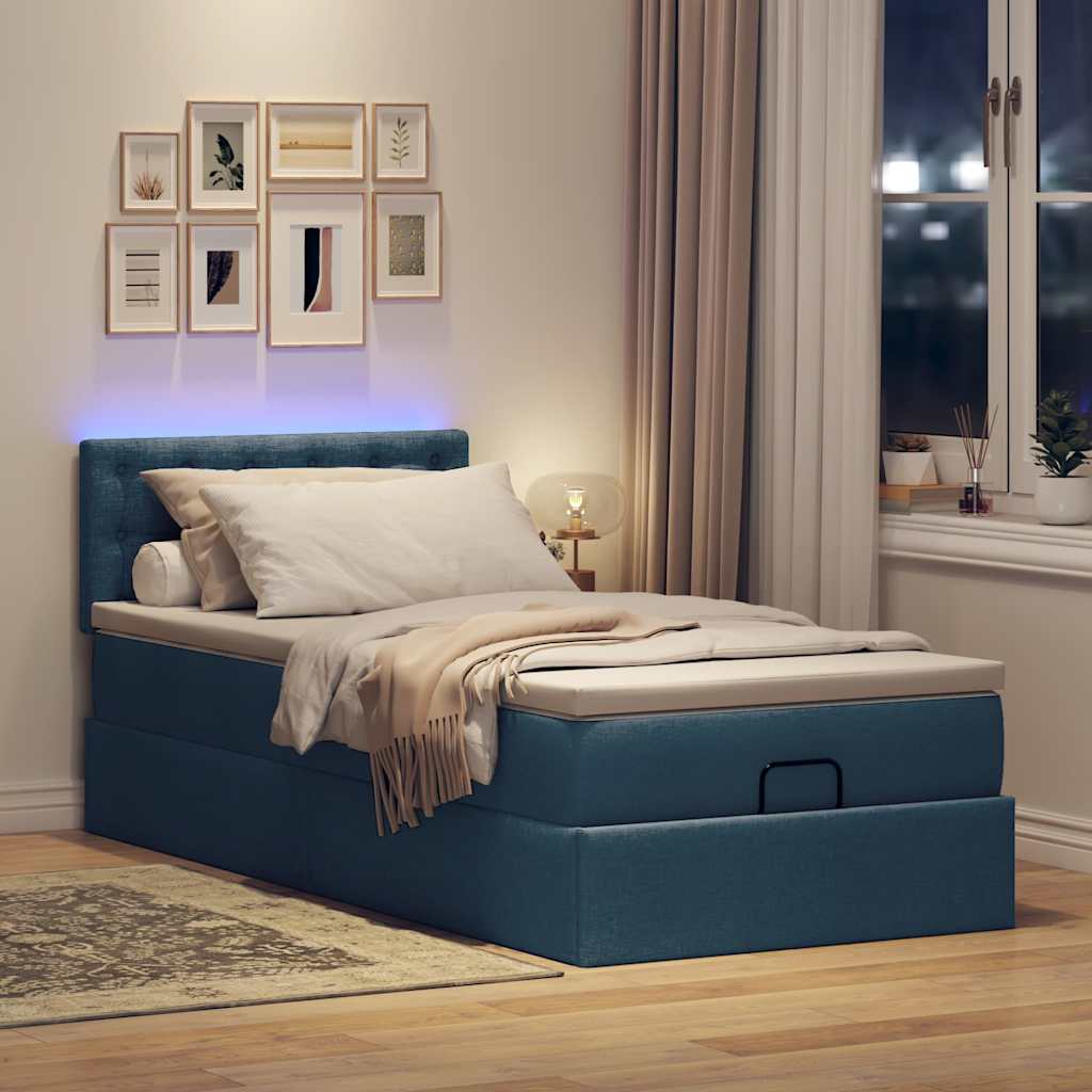 Ottoman krevet s madracem i LED diodama plavi 80x200 cm tkanina