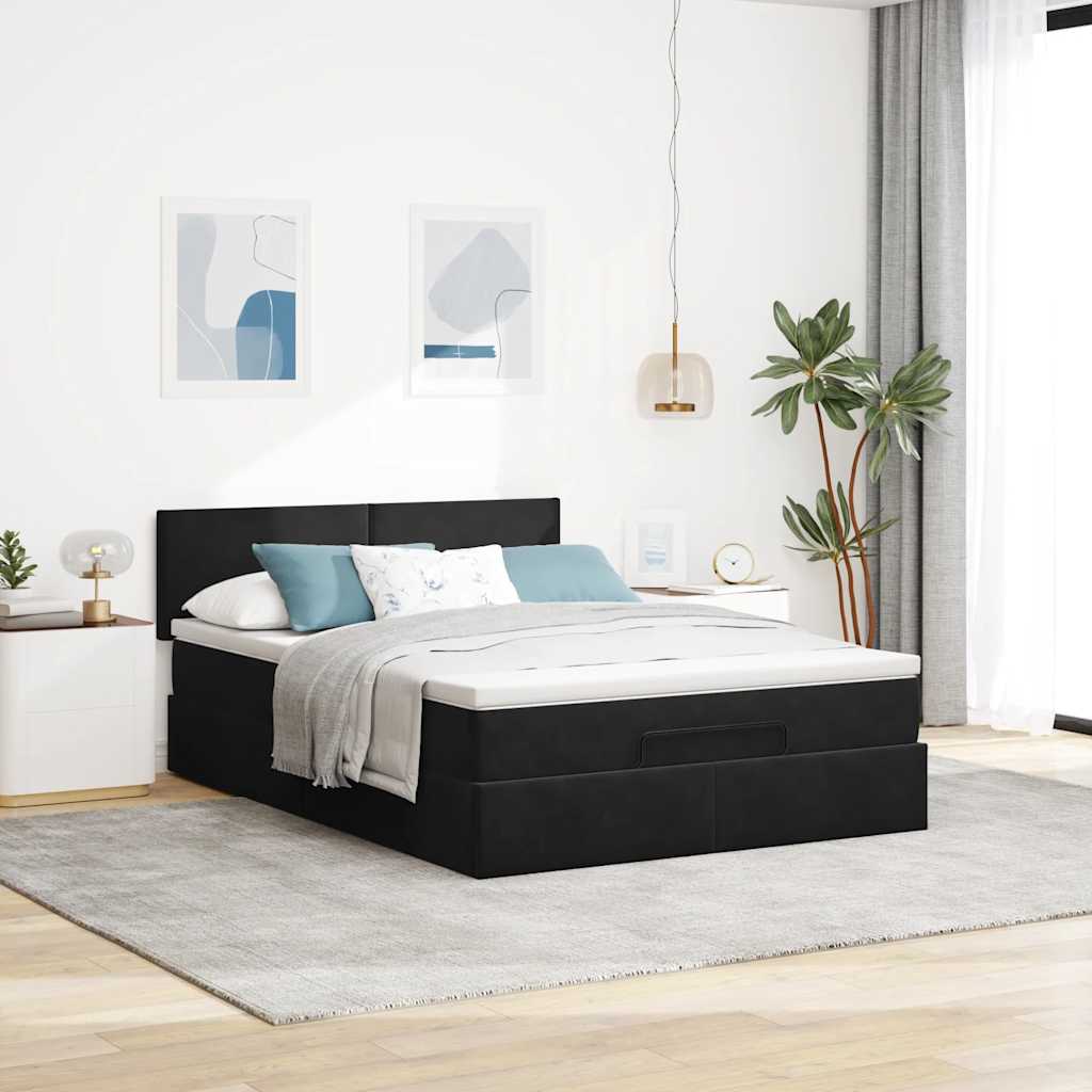 Ottoman krevet s madracem i LED diodama crni 140x200 cm baršun