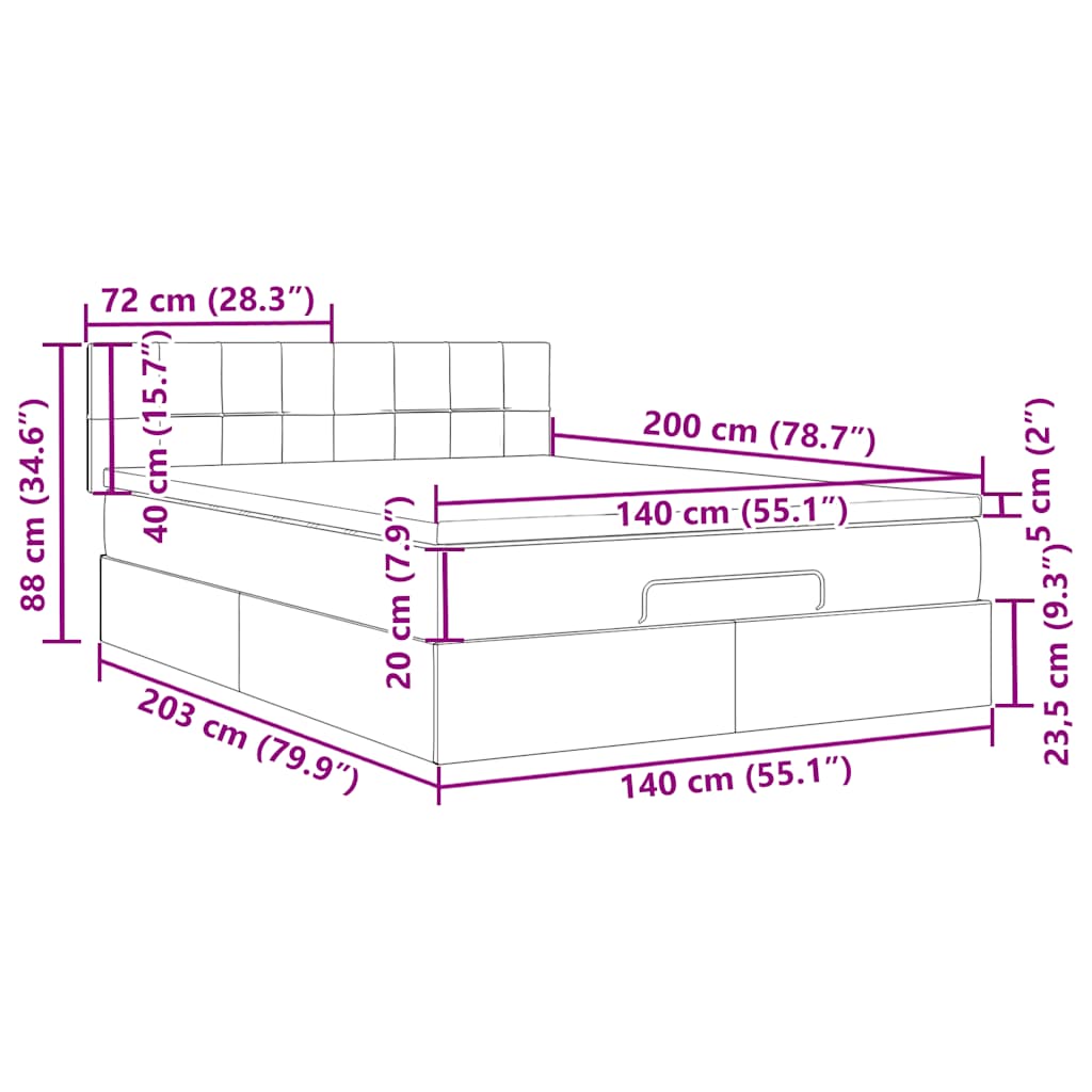 Ottoman krevet s madracem i LED diodama tamnoplavi 140x200 cm baršun