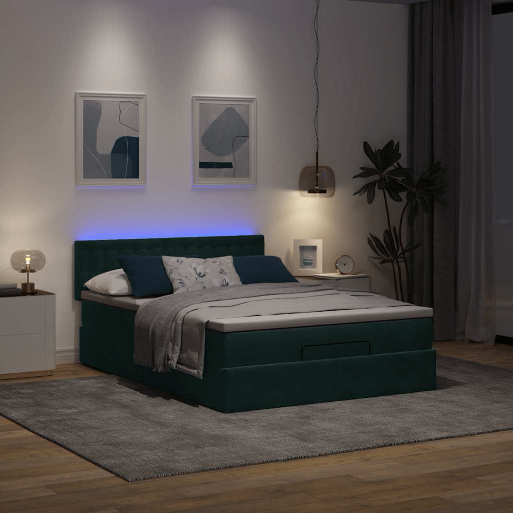 Ottoman krevet s madracem i LED diodama tamnozeleni 140x190 cm baršun