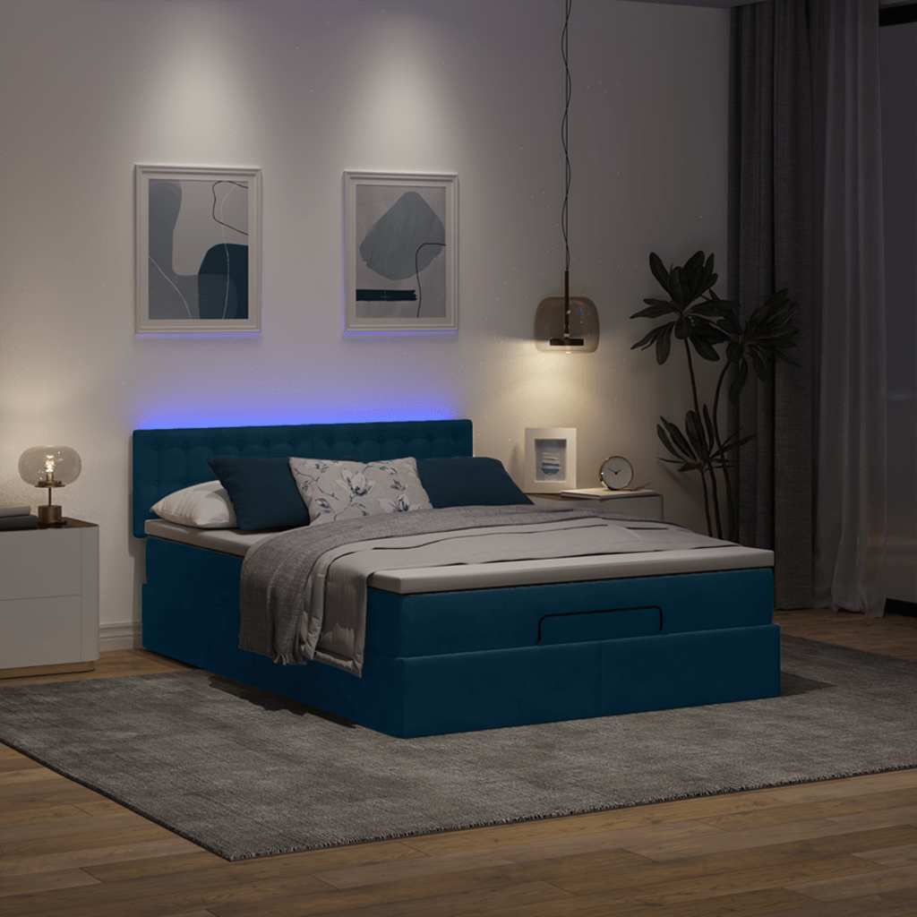 Ottoman krevet s madracem i LED diodama tamnoplavi 140x200 cm baršun