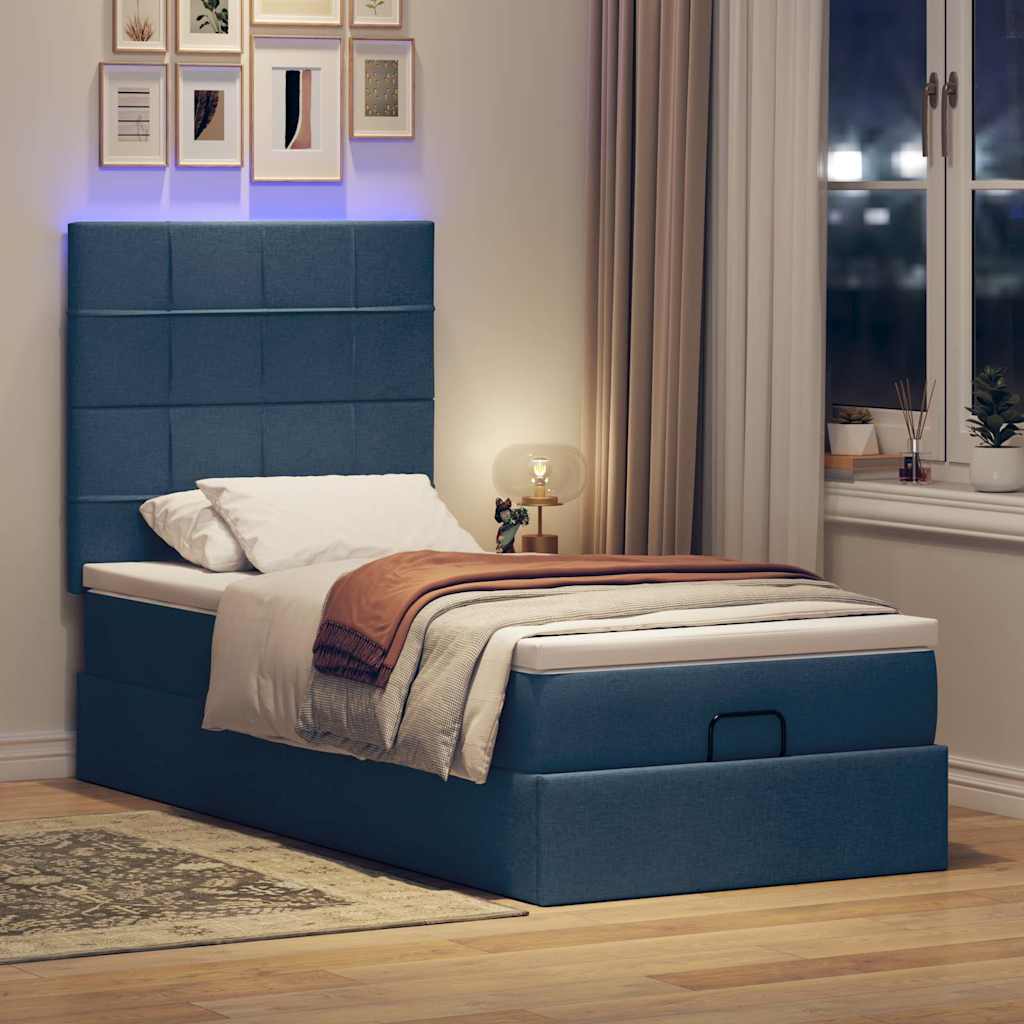 Ottoman krevet s madracem i LED diodama plavi 80x200 cm tkanina