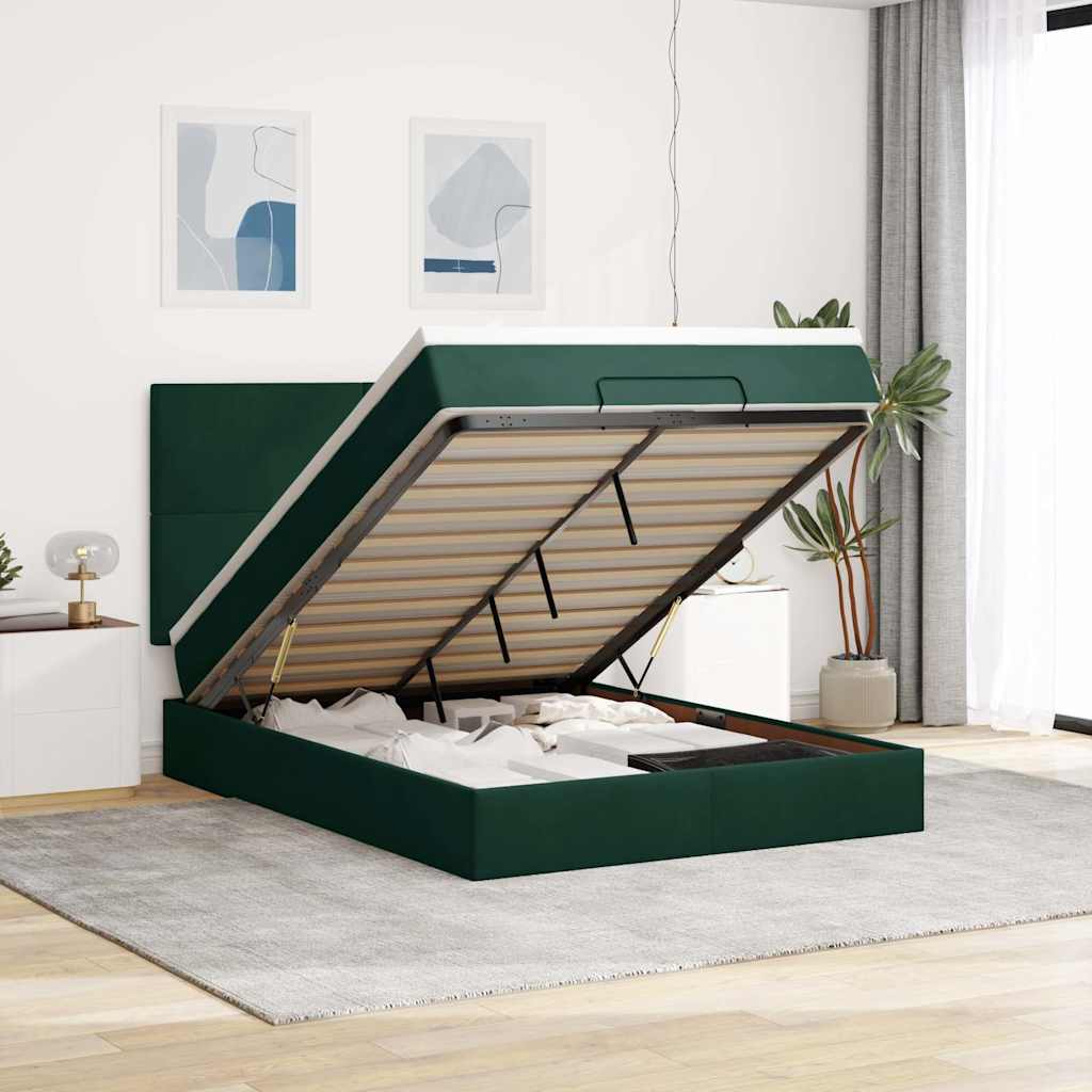 Ottoman krevet s madracima i LED diodama tamnozeleni 140x190 cm baršun