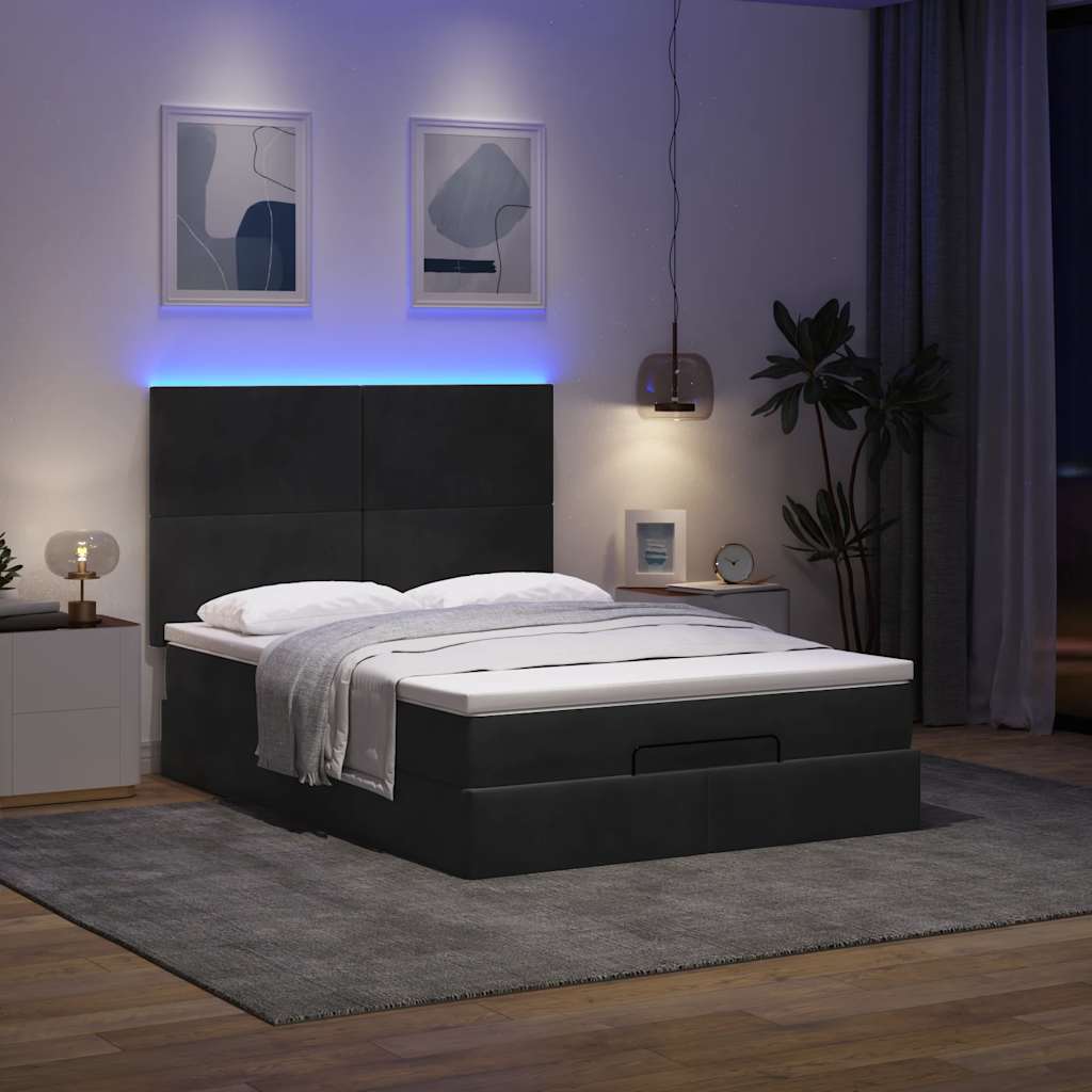 Ottoman krevet s madracima i LED diodama crni 140x200 cm baršun