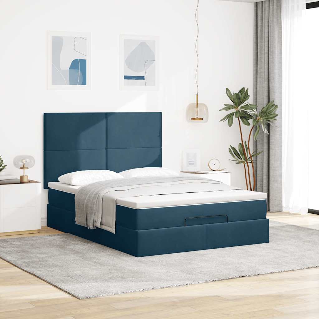 Ottoman krevet s madracima i LED diodama tamnoplavi 140x200 cm baršun