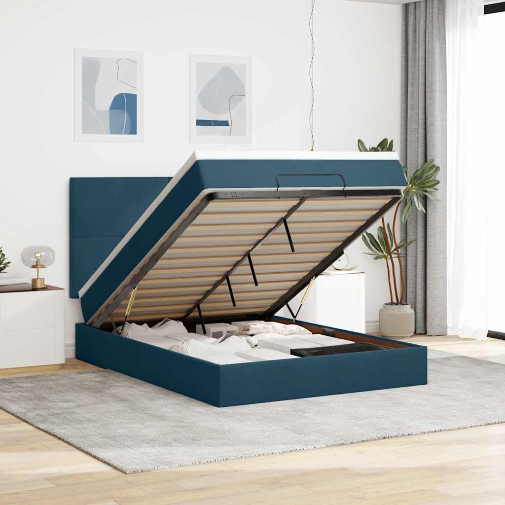 Ottoman krevet s madracima i LED diodama tamnoplavi 140x200 cm baršun