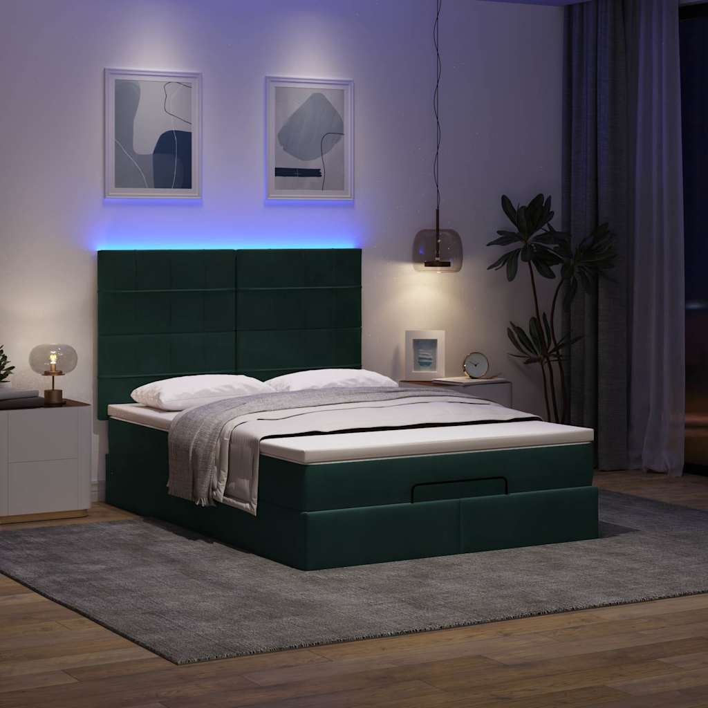 Ottoman krevet s madracima i LED diodama tamnozeleni 140x190 cm baršun
