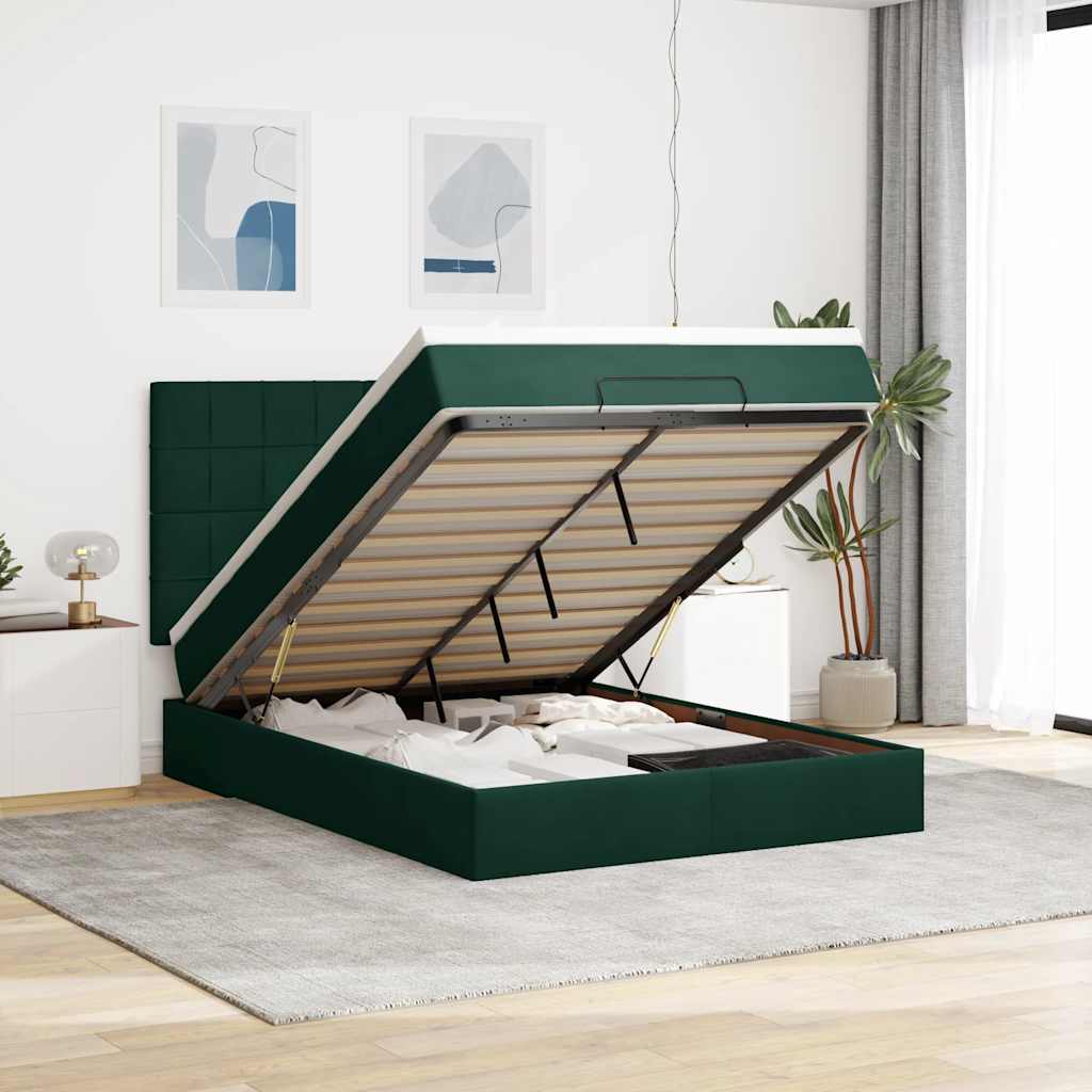 Ottoman krevet s madracima i LED diodama tamnozeleni 140x190 cm baršun