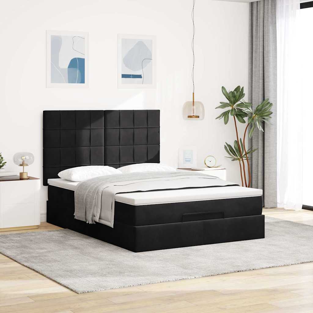 Ottoman krevet s madracima i LED diodama crni 140x200 cm baršun