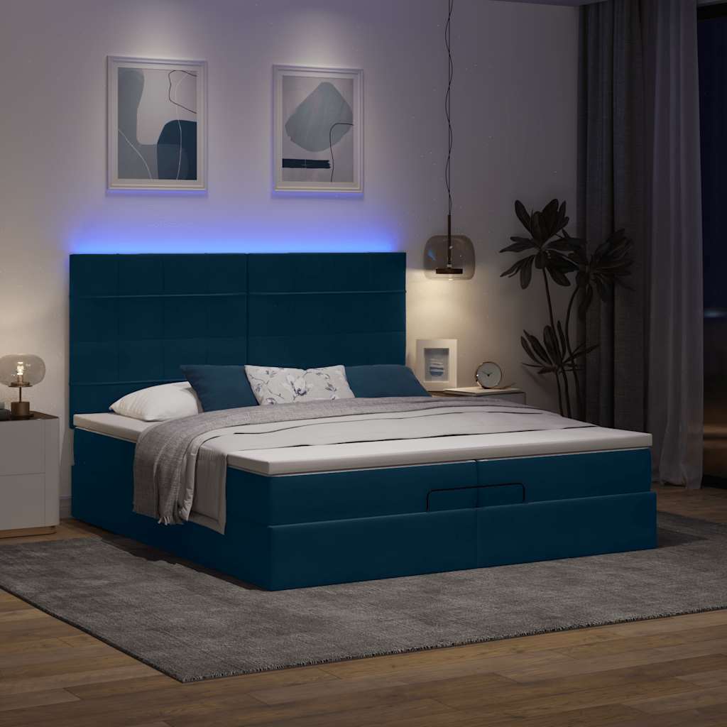 Ottoman krevet s madracima i LED diodama tamnoplavi 200x200 cm baršun