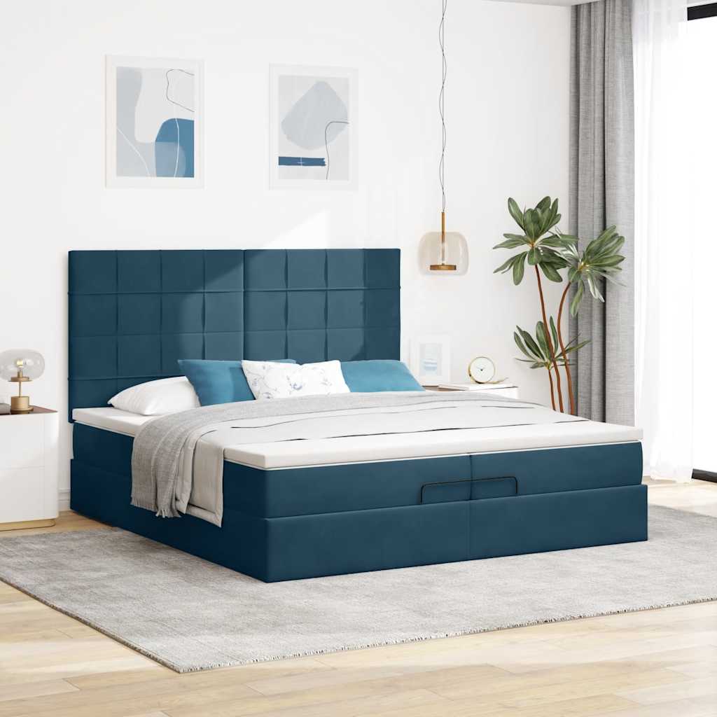Ottoman krevet s madracima i LED diodama tamnoplavi 200x200 cm baršun