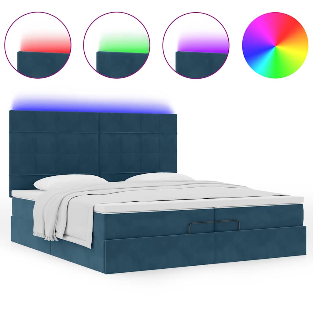 Ottoman krevet s madracima i LED diodama tamnoplavi 200x200 cm baršun