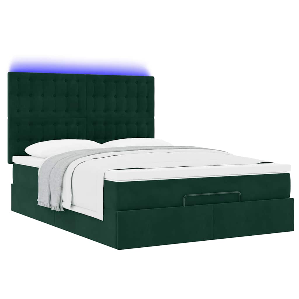 Ottoman krevet s madracima i LED diodama tamnozeleni 140x190 cm baršun