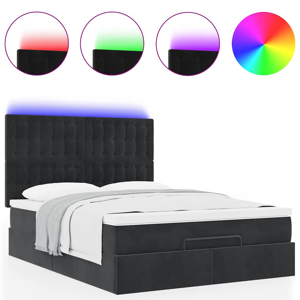 Ottoman krevet s madracima i LED diodama crni 140x200 cm baršun