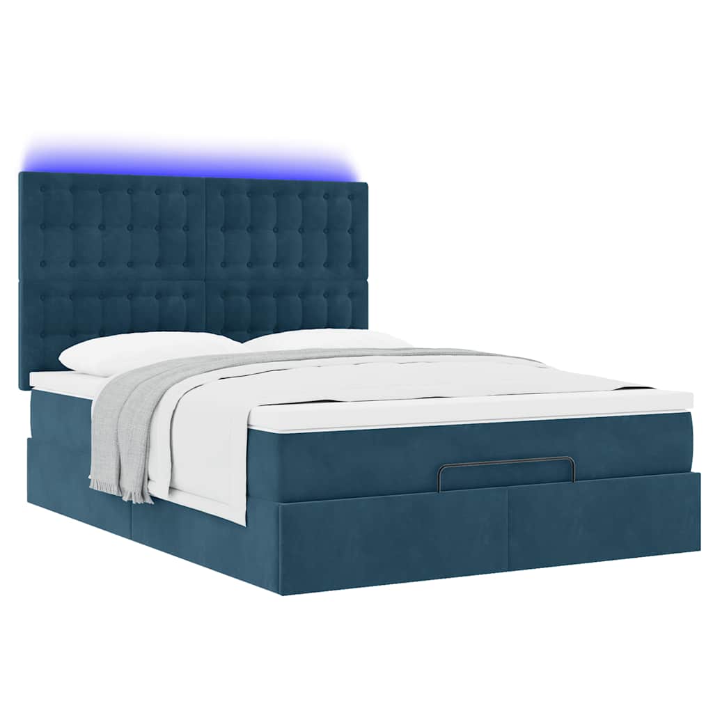 Ottoman krevet s madracima i LED diodama tamnoplavi 140x200 cm baršun